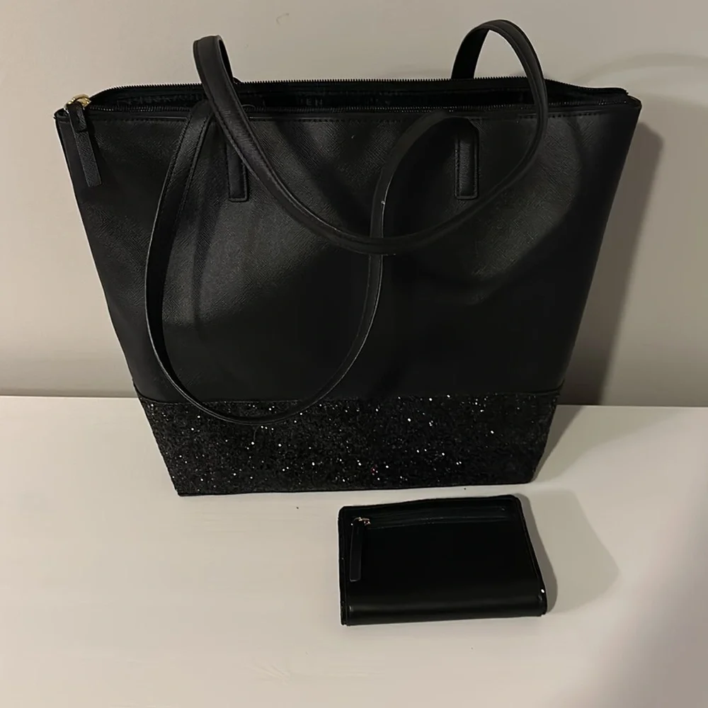NEW Bag and Wallet -Kate Spade Black Penny Glitter Bag and Tellie Glitter Wallet - Picture 4 of 8